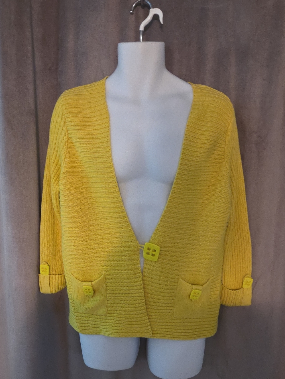 XL Bright Yellow Ribbed Open-Front Cardigan with Button Details